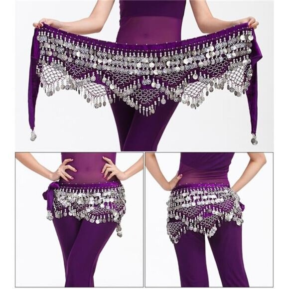 Purple Belly Dance Hip Scarf with Silver Coins – Chiffon Wrap Skirt